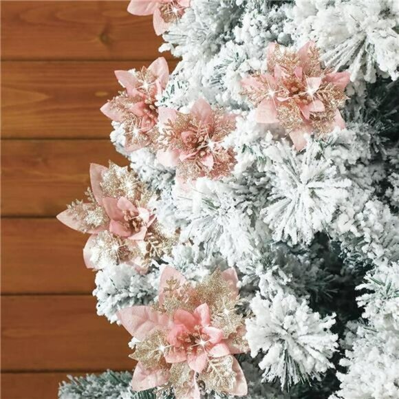 36 Pcs Artificial Poinsettia Flowers with Glitters Christmas Decors (Rose Gold) - Picture 4 of 7